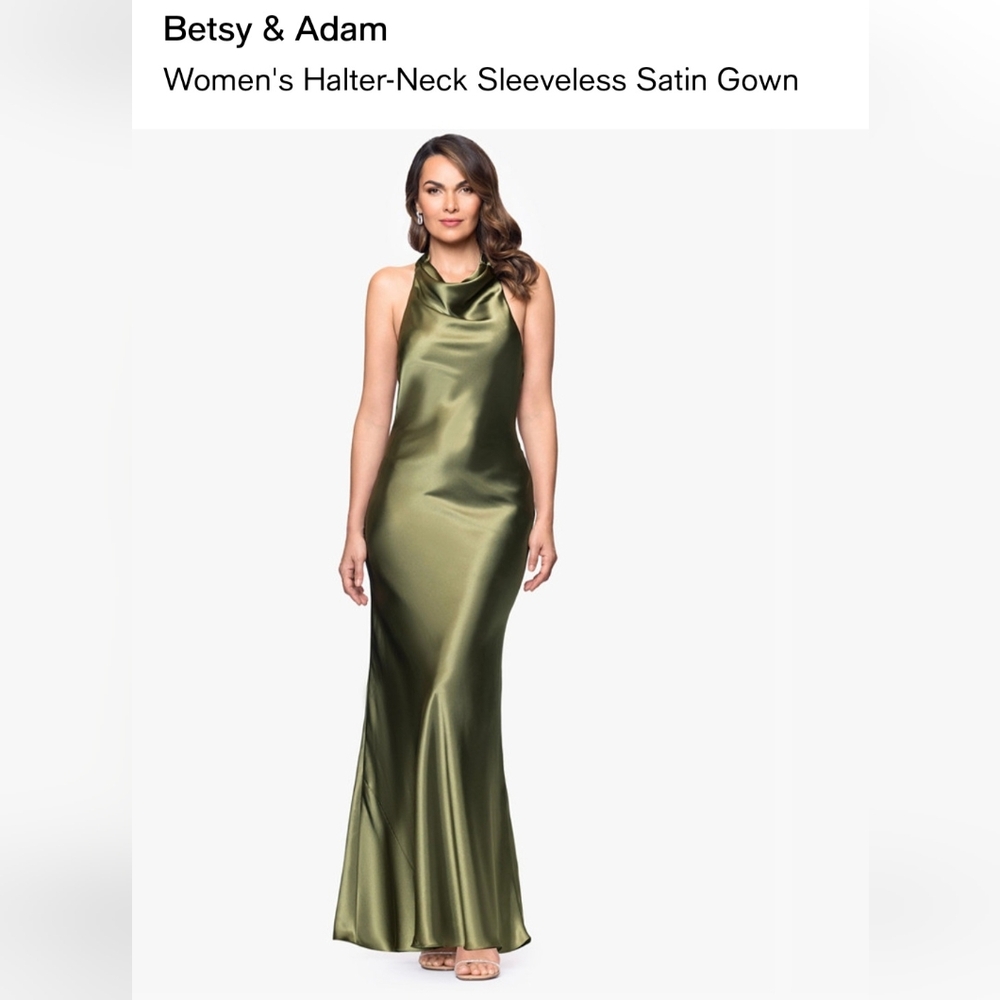Betsy & Adam Olive Green Satin Halter-Neck Maxi Gown